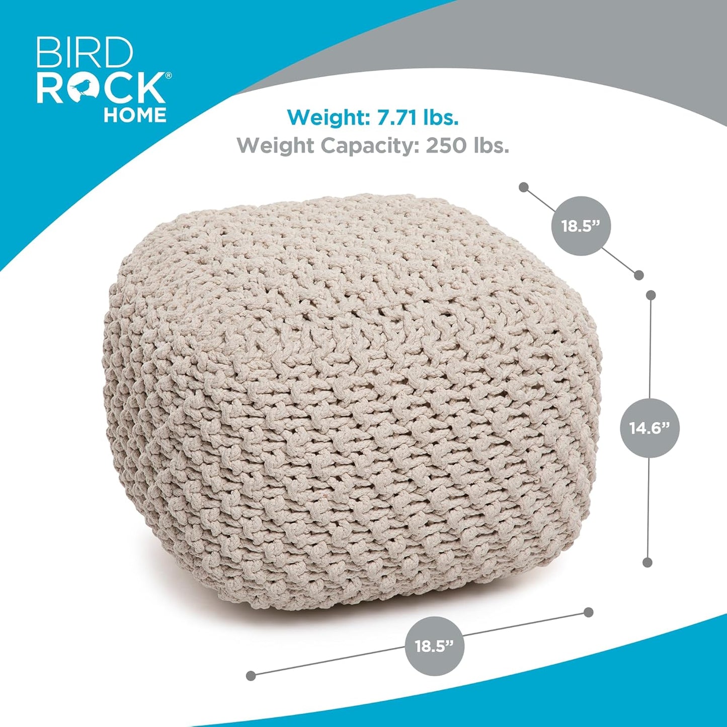 BIRDROCK HOME Square Pouf Ottoman | Cotton Braided Foot Stool with Bean Bag Filling | Boho Foot