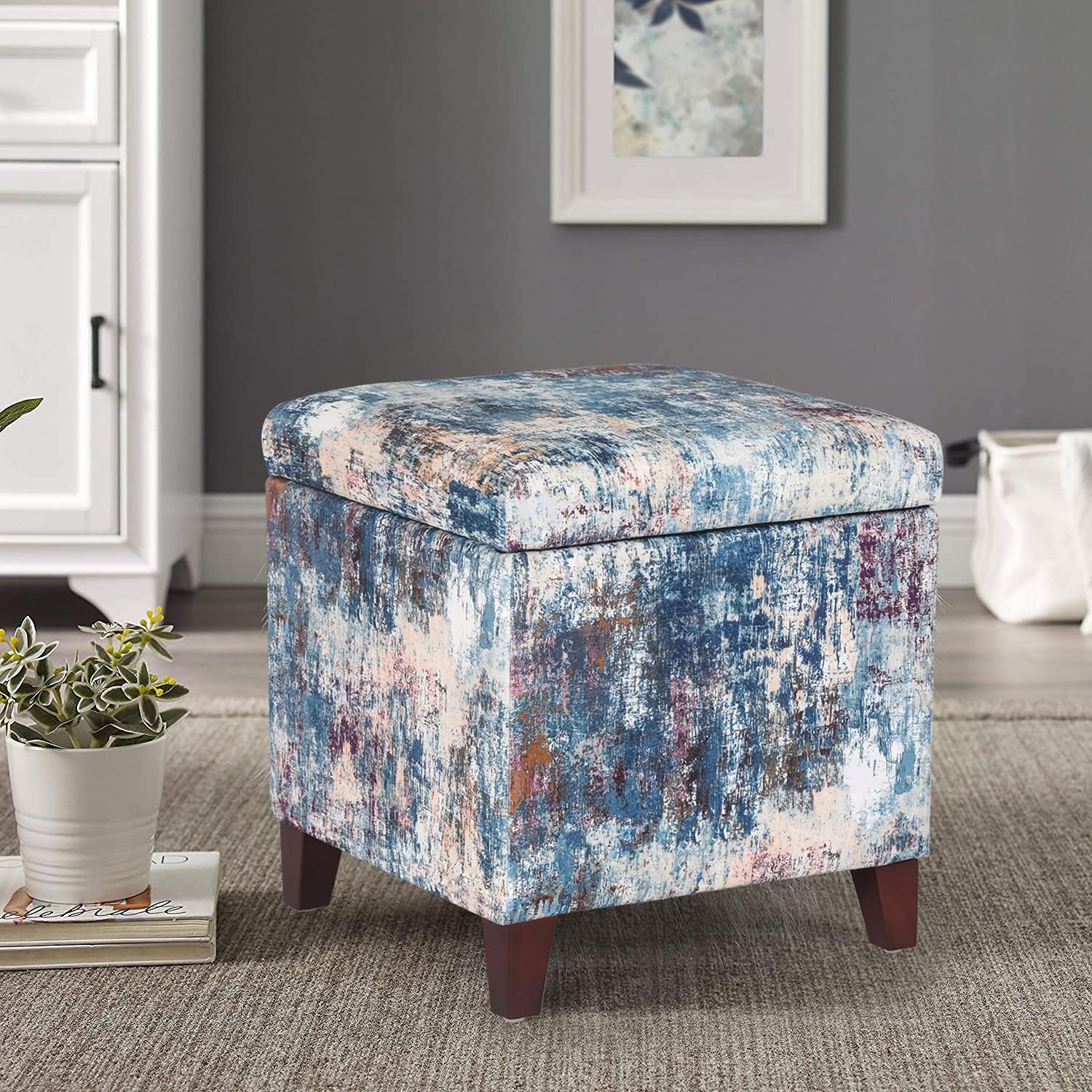 Adeco 18 Inch High Cube Ottoman Storage, Linen Chair Foot Stools, Upholstered Vanity Stool with