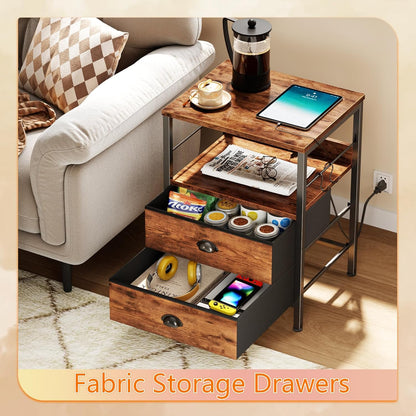 Furologee Night Stand with Charging Station, Bedside Table with Fabric Drawers, End Table with USB