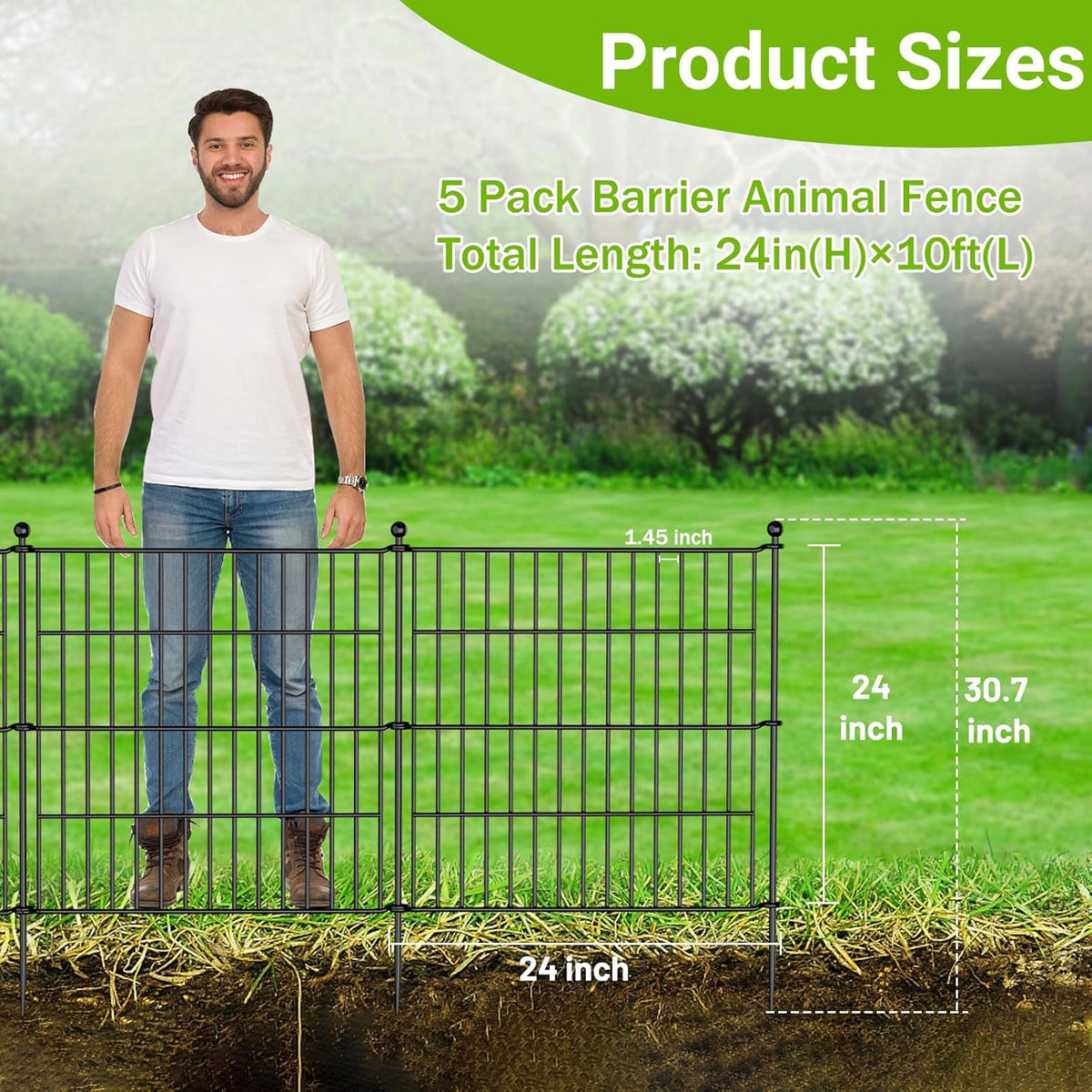 5 Panels No Dig Decorative Outdoor Garden Fence for Yard, 24 in(H) X 10 ft(L) Animal Barrier