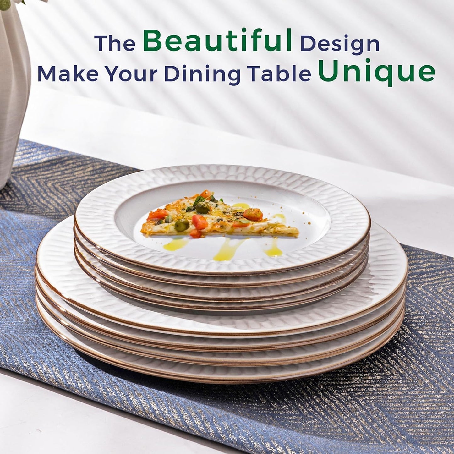 GBHOME Ceramic Dinnerware Sets, 24 pcs Embossed Elegant Stoneware Plates and Bowls Sets