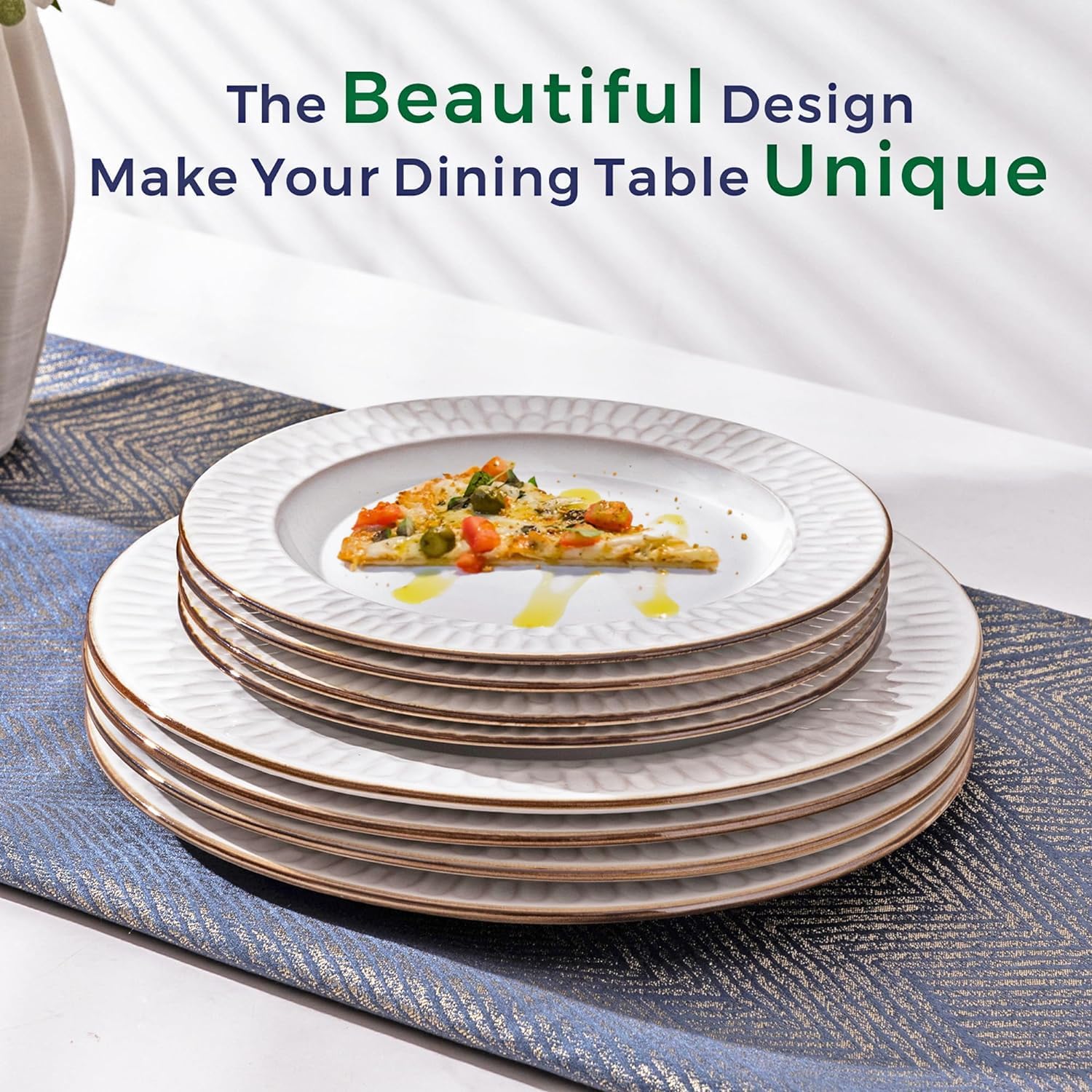 GBHOME Ceramic Dinnerware Sets, 24 pcs Embossed Elegant Stoneware Plates and Bowls Sets
