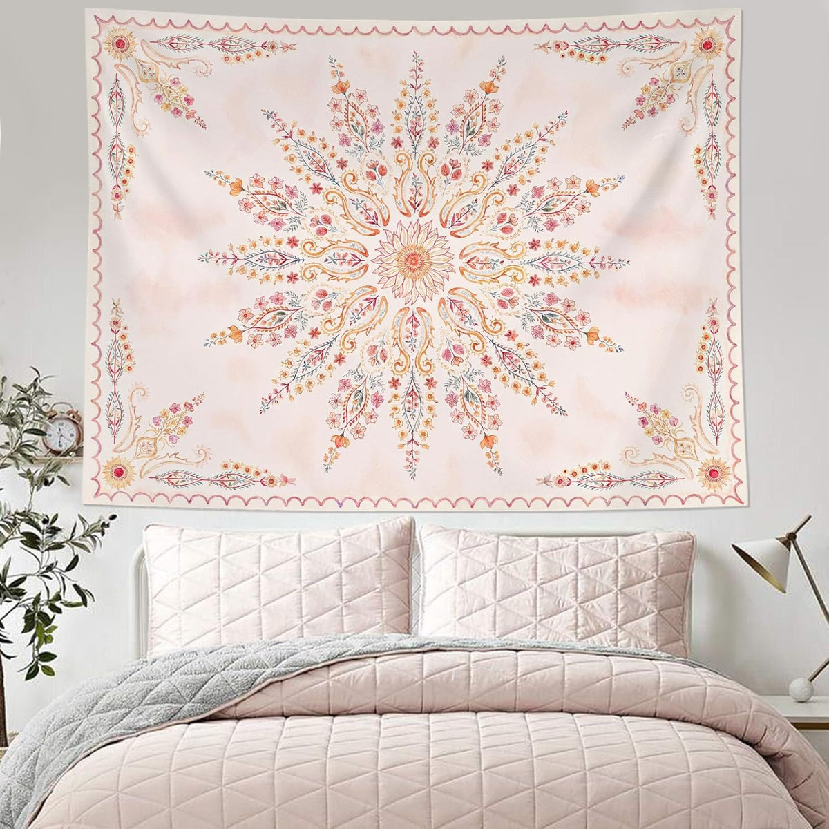Fowocu Boho Floral Mandala Tapestry for Bedroom Aesthetic Pink Bohemian Flower Wall Tapestry