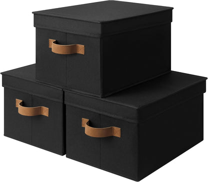 StorageWorks Large Storage Bins with Lids, Decorative Storage Boxes with Lid and PU Handles