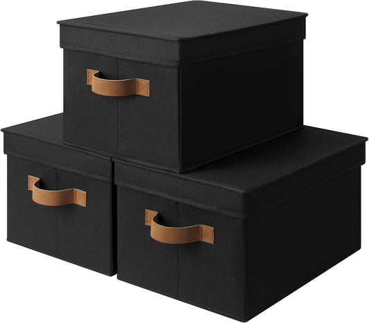 StorageWorks Large Storage Bins with Lids, Decorative Storage Boxes with Lid and PU Handles