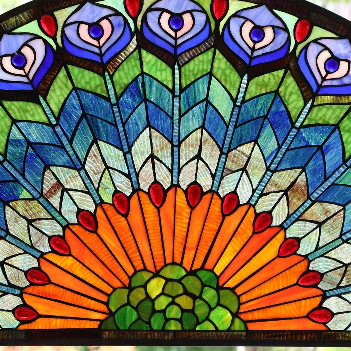 Bieye W10034 Peacock Feather Tiffany Style Stained Glass Window Panel Hangings with Chain, 36