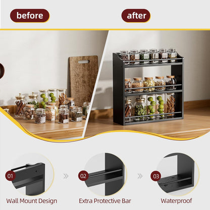 Bamboo Spice Rack Wall Mount or Tabletop Holder, 3-Tier Shelf for Seasoning Bottles Organizer