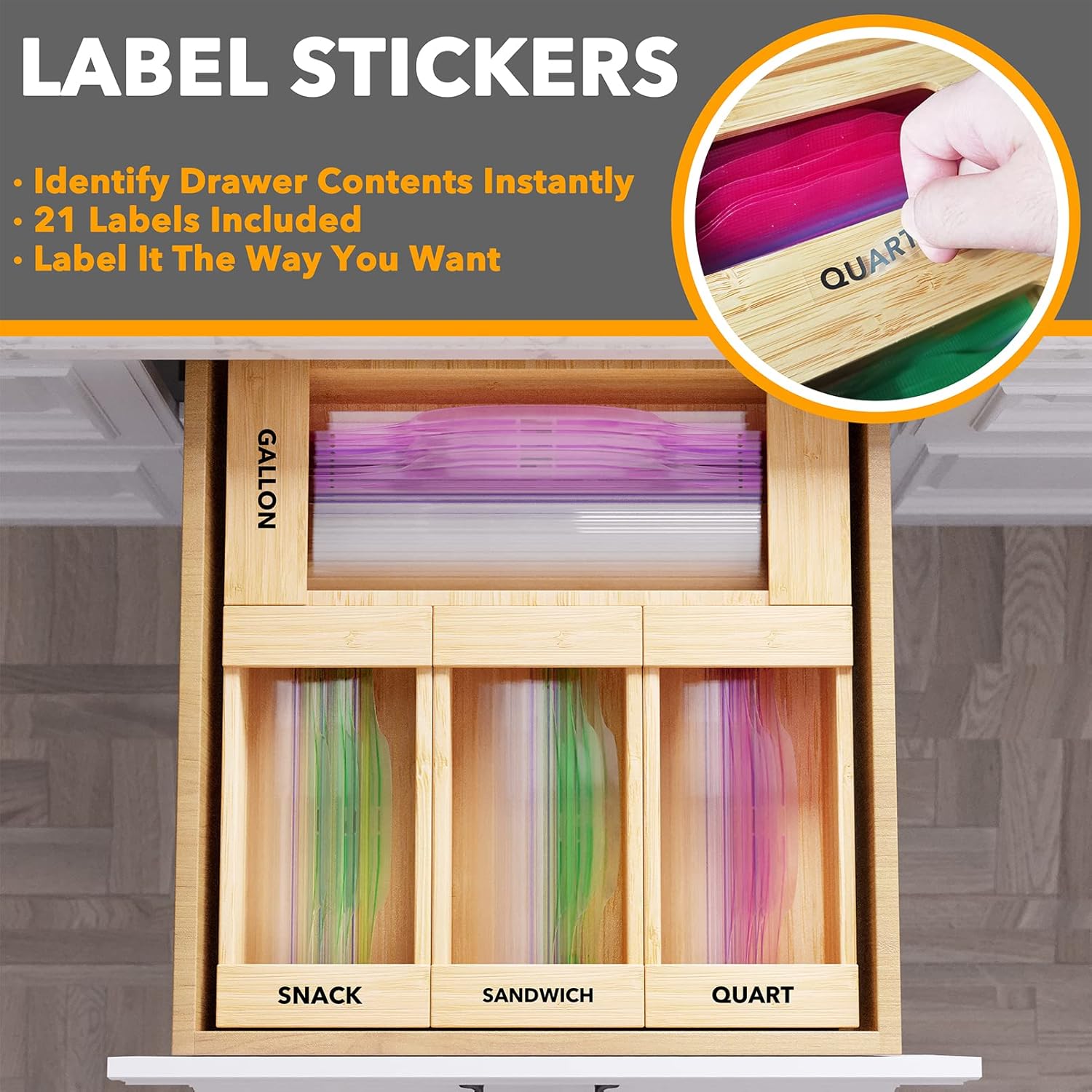 SpaceAid Bag Storage Organizer for Kitchen Drawer, Bamboo Organizer, Compatible with Gallon, Quart