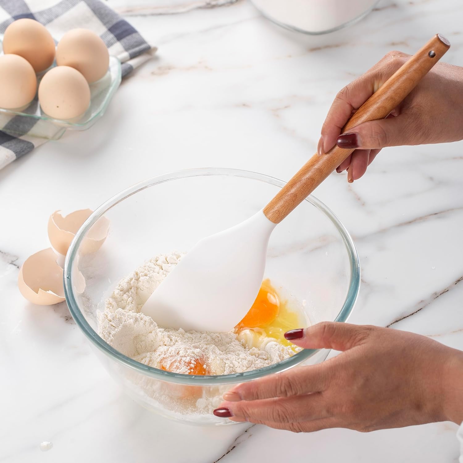Country Kitchen Non Stick Silicone Utensil Set with Rounded Wood Handles for Cooking and Baking, 14