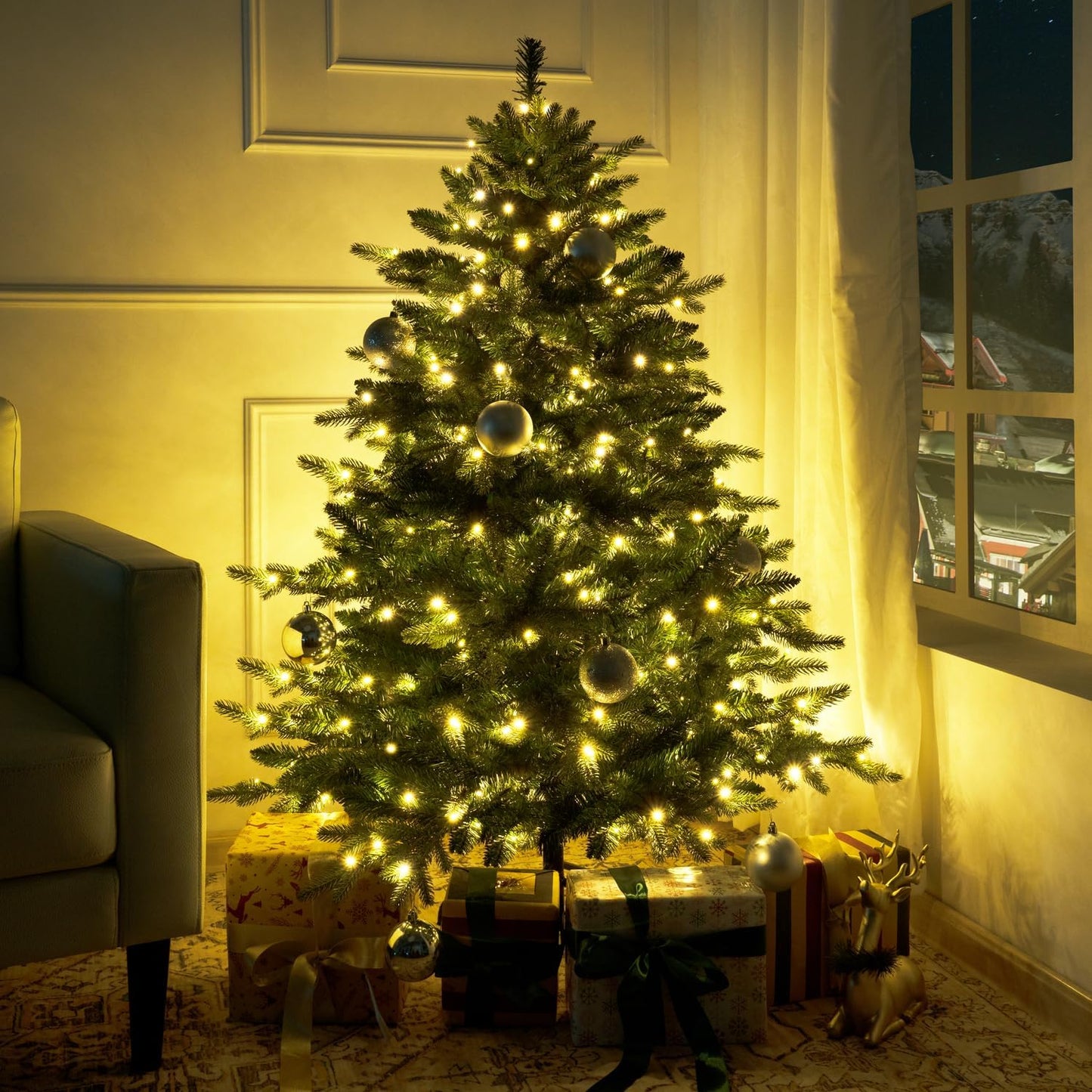 Cynthia 4.5ft Prelit Aritificial Christmas Tree with 1117 Branch Tips, 300 Warm Lights and Metal