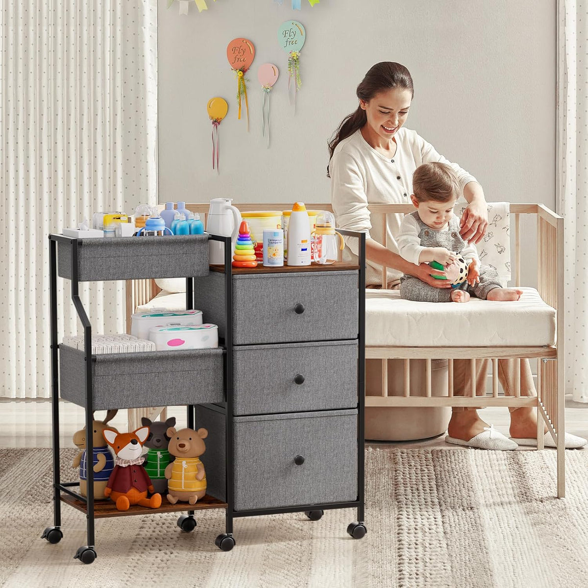 Baby Diaper Caddy Organizer and Storage - 3 Tier Rolling Cart with Dividers and Drawers, Easy To