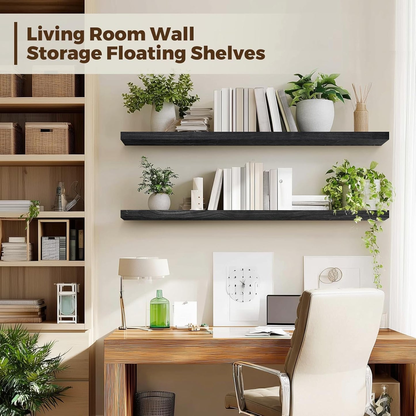 Floating Wall Shelves 2-Pack - 36-Inch Rustic Black Wooden Shelves for Storage and Décor, Easy