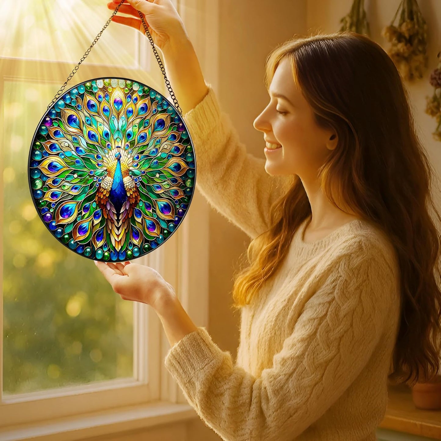 Stained Glass Window Hanging, LAOWEIKI 8'' Peacock Suncatcher, Stained Glass Ornament, Suncatchers