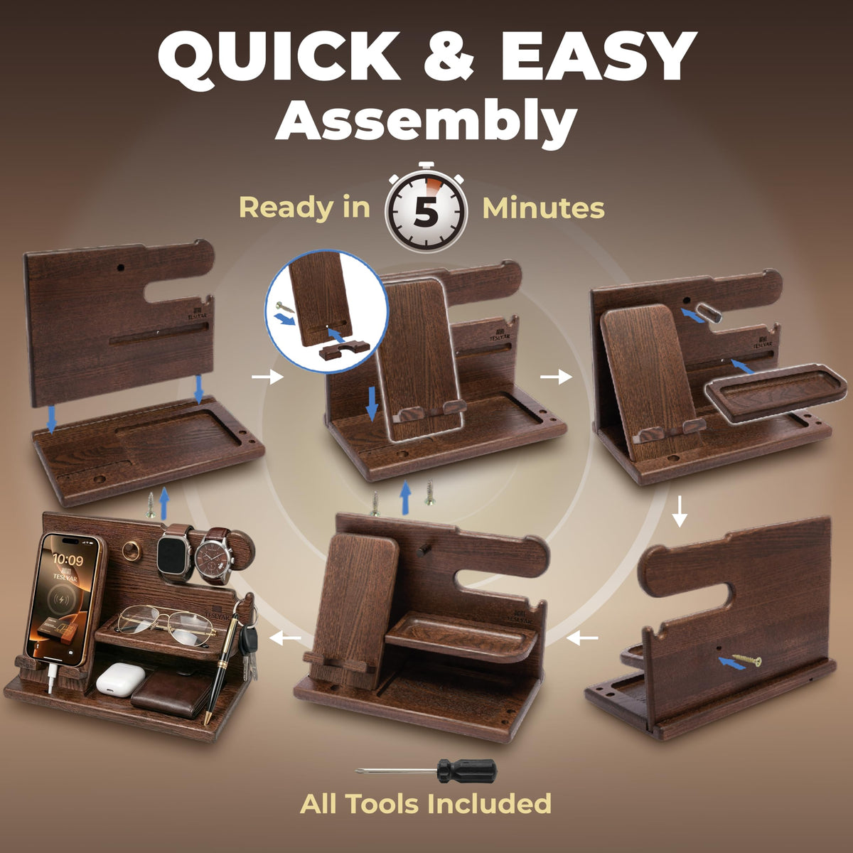 TESLYAR Wood Phone Docking Station for Men - Desk or Nightstand Organizer - Birthday Gifts for