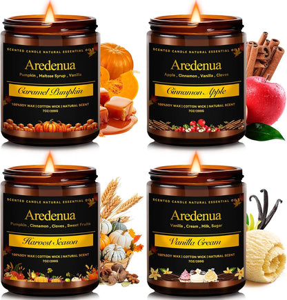 Fall Candles Set | 4 Pack Autumn Scented Candles - Fall Candle Gifts for Women Men, Soy Candles for