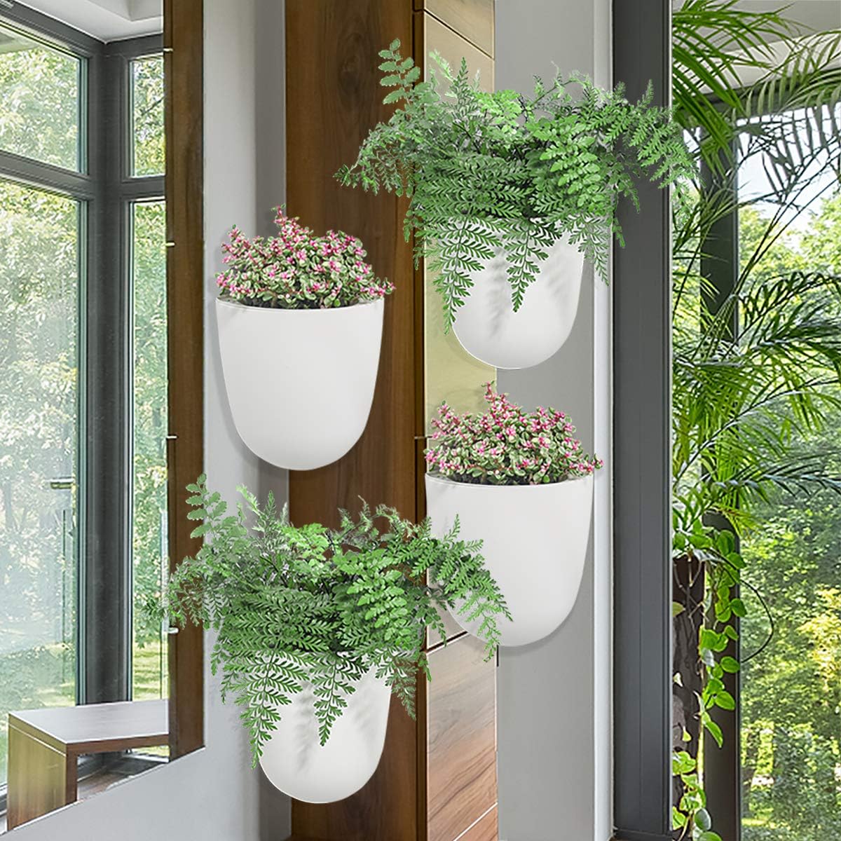 Sungmor Wall Hanging Corner Planters, 4PC White Wall Mounted Flower Pots, Self Watering Wall