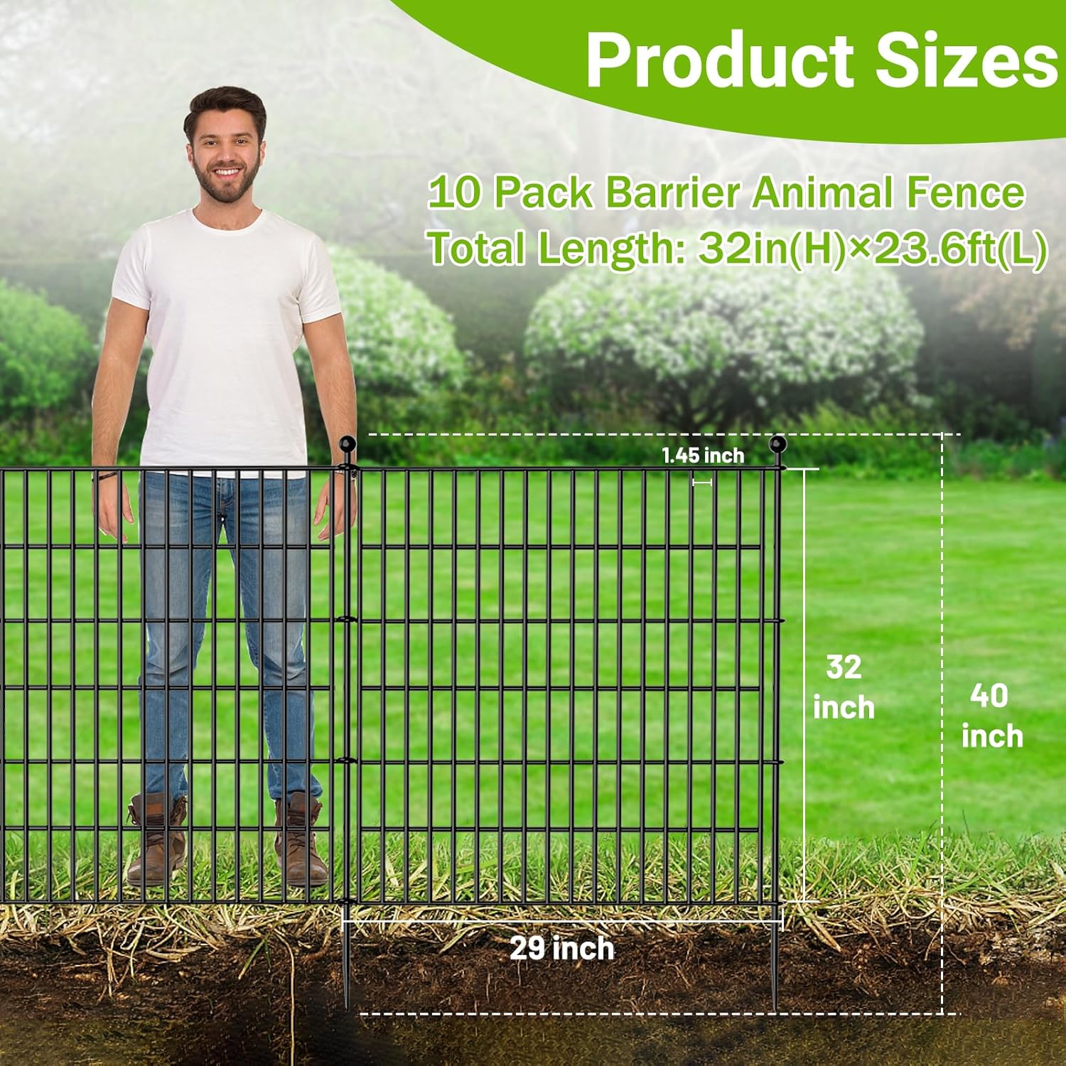 10 Panels No Dig Decorative Outdoor Garden Fence with Gate for Yard, 32 in(H) X 23.6 ft(L) Animal