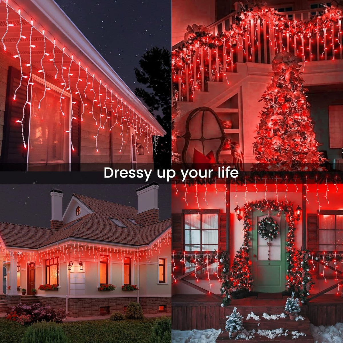 23FT 200Count Red Icicle Lights,White Wire Icicle Mini Lights Plug in with 40 Drops,Hanging Curtain