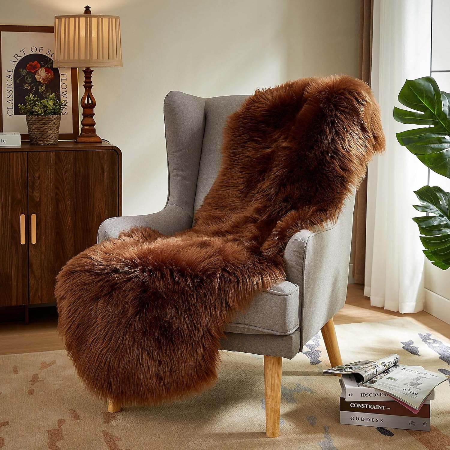AMTOVO Faux Sheepskin Rug, Coffee Ultra Soft Fluffy Shag Area Rug, 2 x 6 ft Faux Fur Rug for