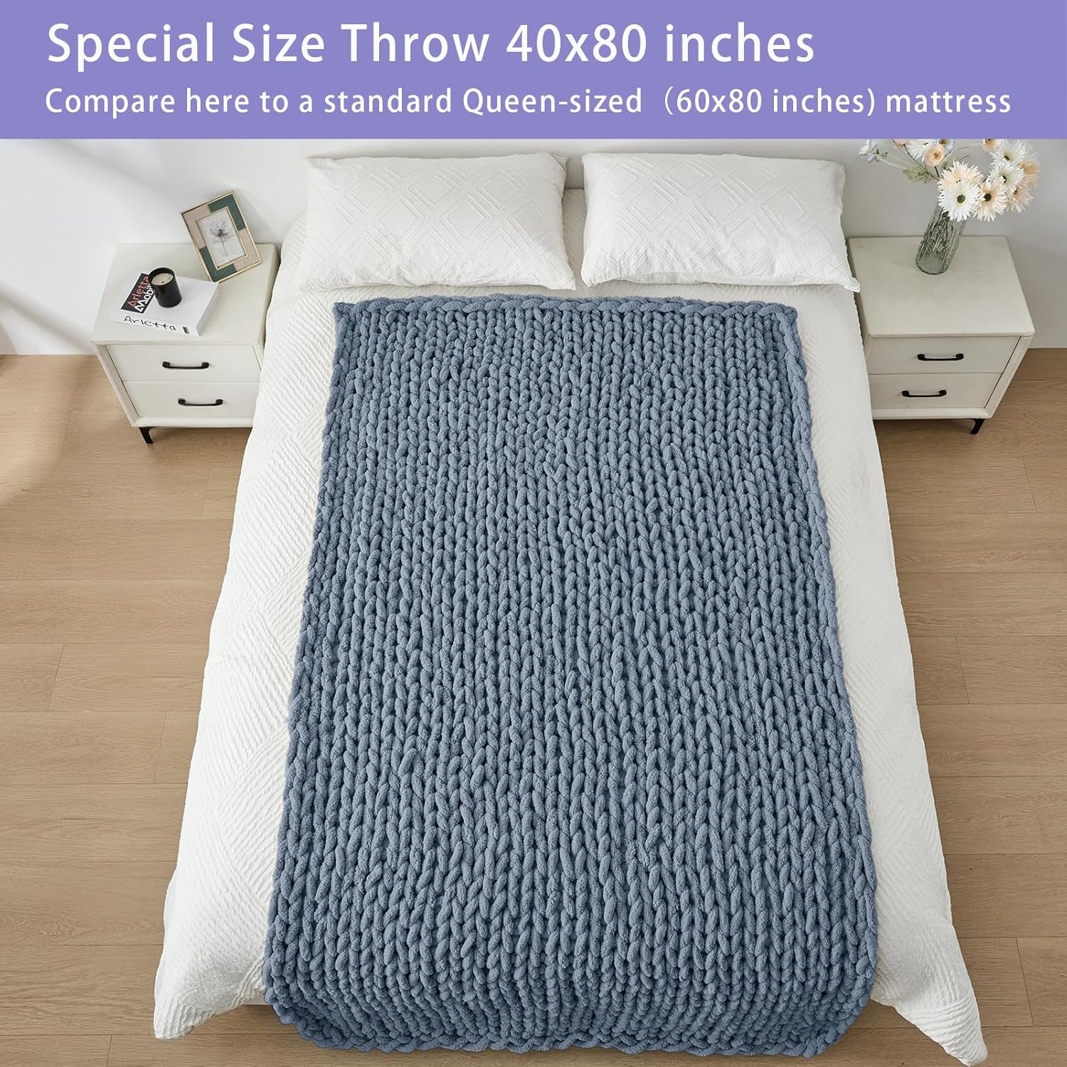Bigacogo Chunky Knit Throw Blanket for Couch, 40x80 inches, 100% Hand Knitted with Thick Jumbo
