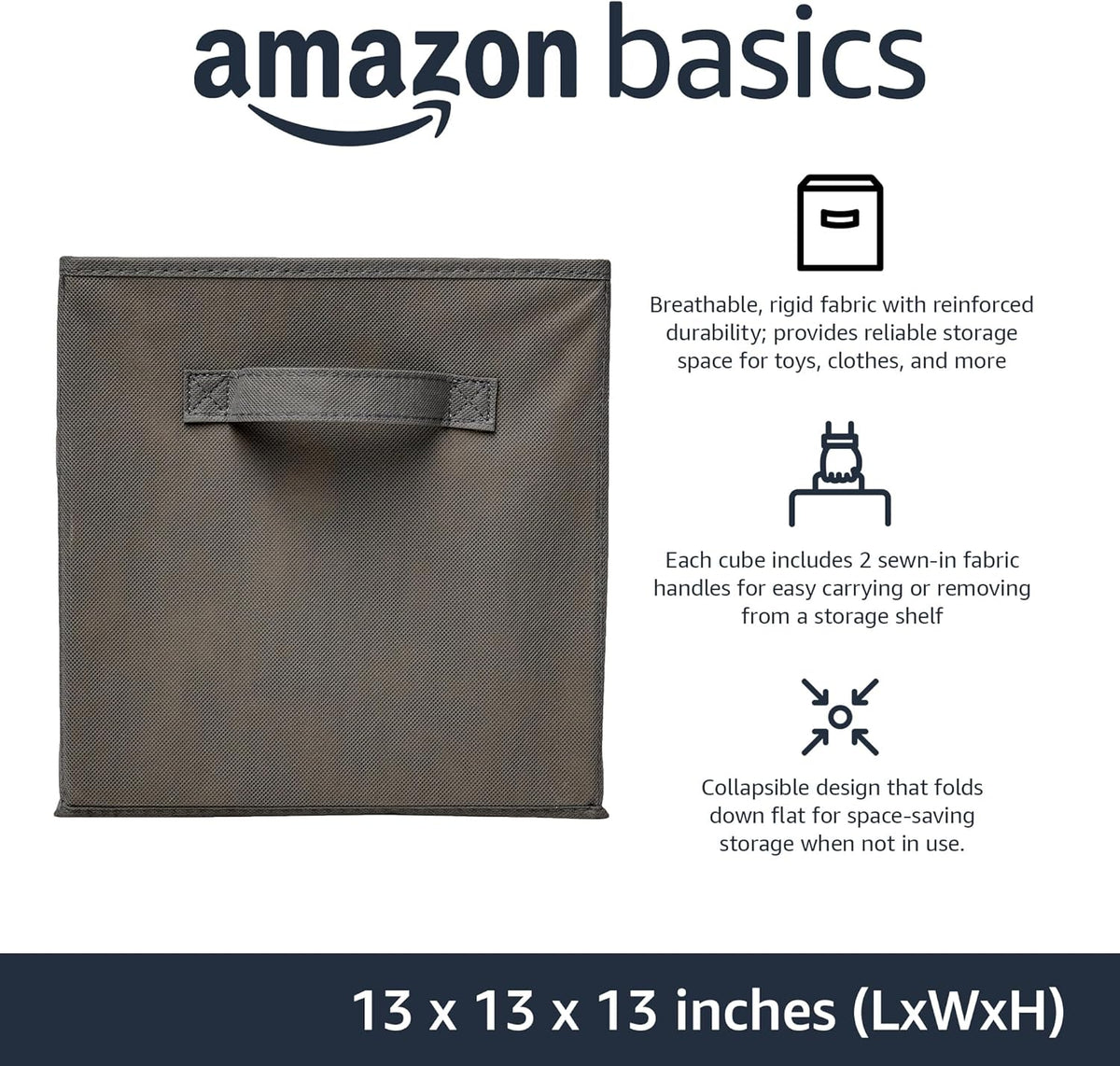 Amazon Basics Collapsible Fabric Storage Cube Bins Organizer with Handles, Sturdy, Gray