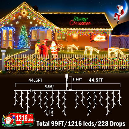 KNONEW 99ft 1216 LED Christmas Lights Outdoor 8 Modes Curtain Fairy String Light with 228 Drops