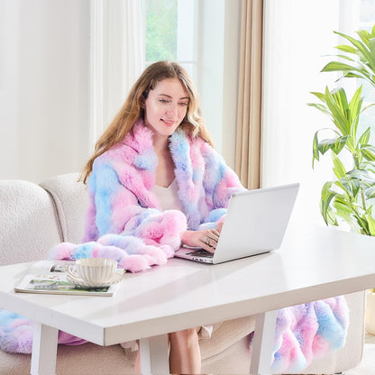 Lotus Karen Faux Fur Throw Blanket Tie-Dye Purple Rainbow - Big Bubble Rabbit Fluff Blanket for