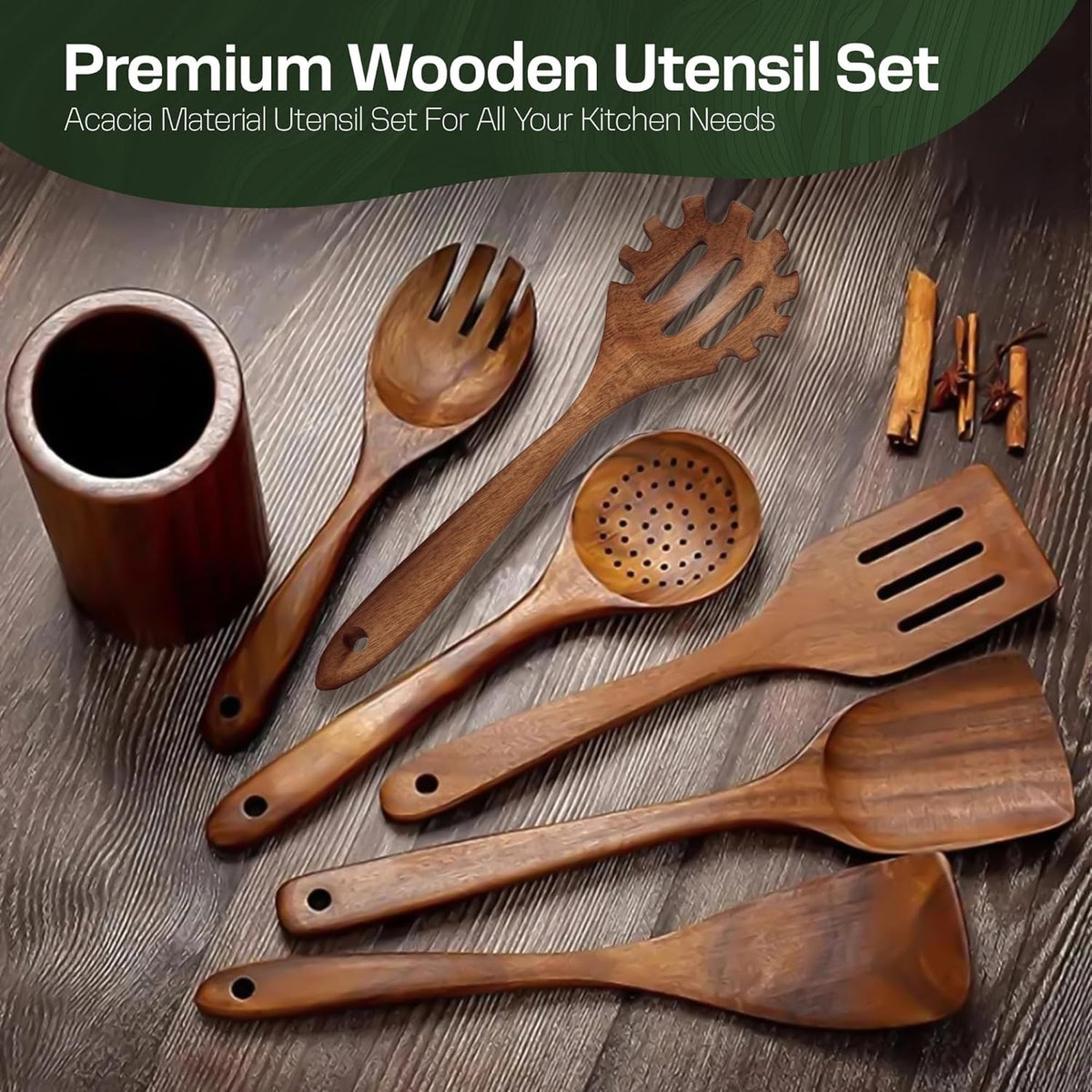 Wooden Spoons for Cooking Set of 10 - Cooking Utensils with Spoon Rest & Holder – Comfortable Grip