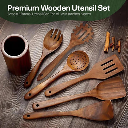 Wooden Spoons for Cooking Set of 10 - Cooking Utensils with Spoon Rest & Holder – Comfortable Grip