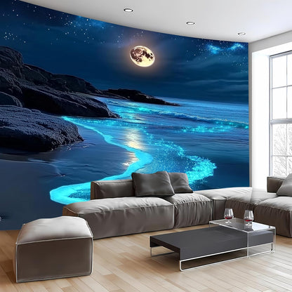 Nature Tapestry Forest Tree Sea Cave Wall Hanging, Stream Through Rainforest Landscape Wall Art