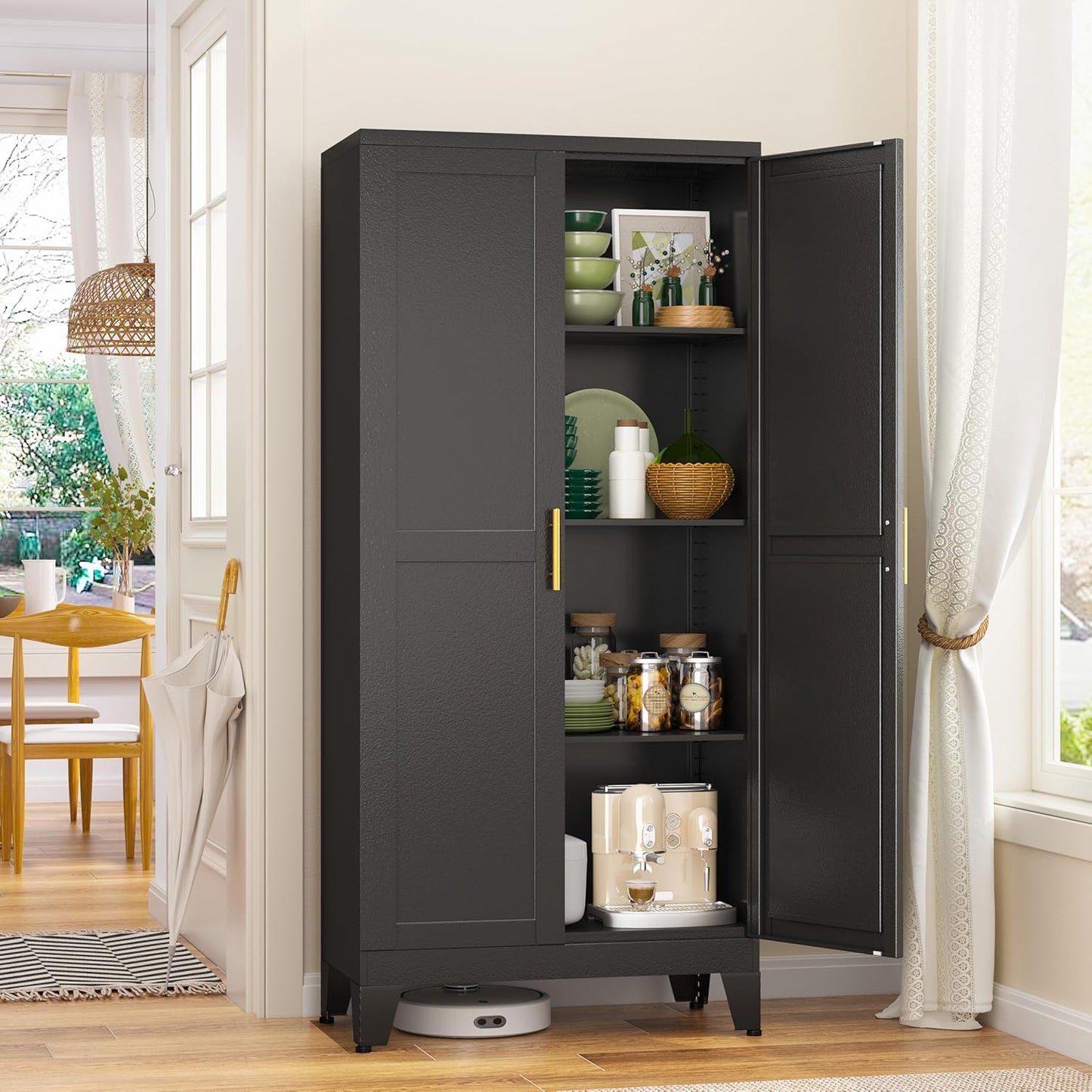 Metal Storage Cabinet With 2 Doors and 3 Adjustable Shelves, Black Kitchen Pantry for Food, Utility