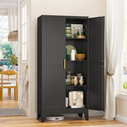 Metal Storage Cabinet With 2 Doors and 3 Adjustable Shelves, Black Kitchen Pantry for Food, Utility