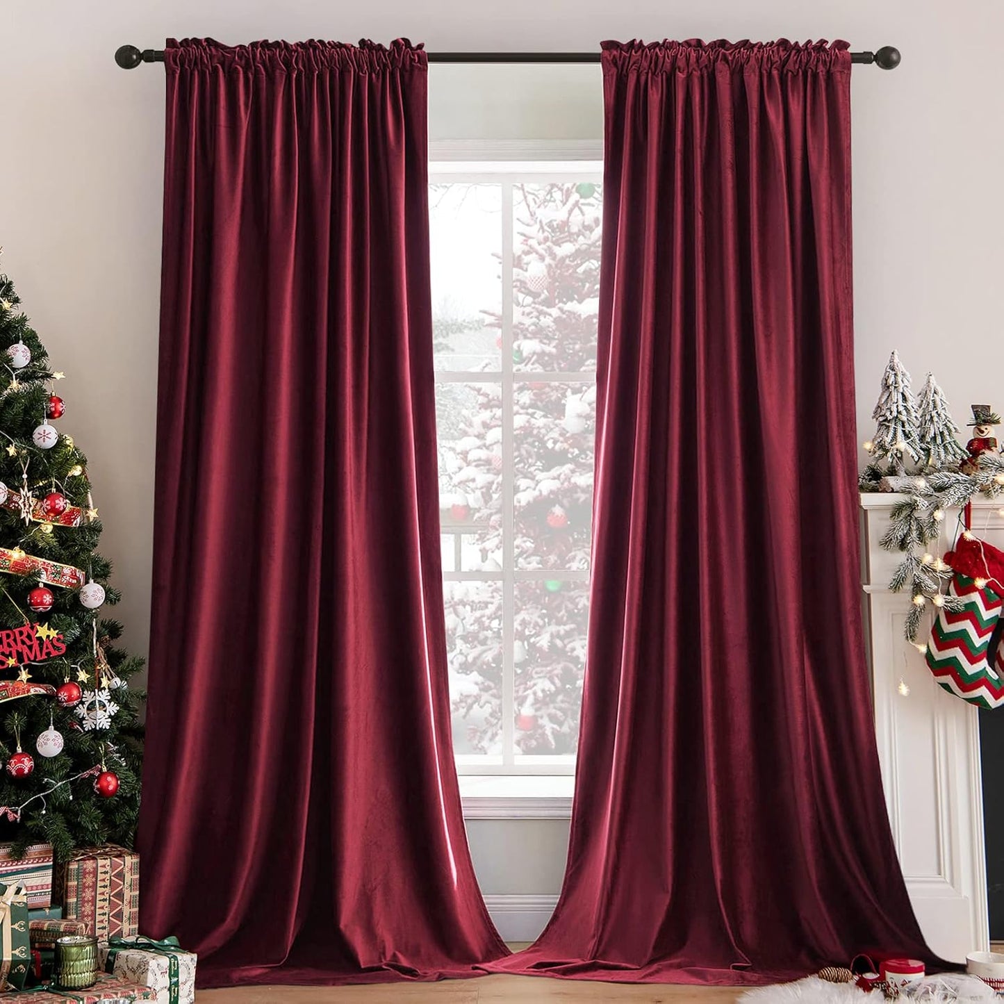 MIULEE Burgundy Velvet Curtains Thermal Insulated Blackout Curtain Christmas Drapes for Bedroom