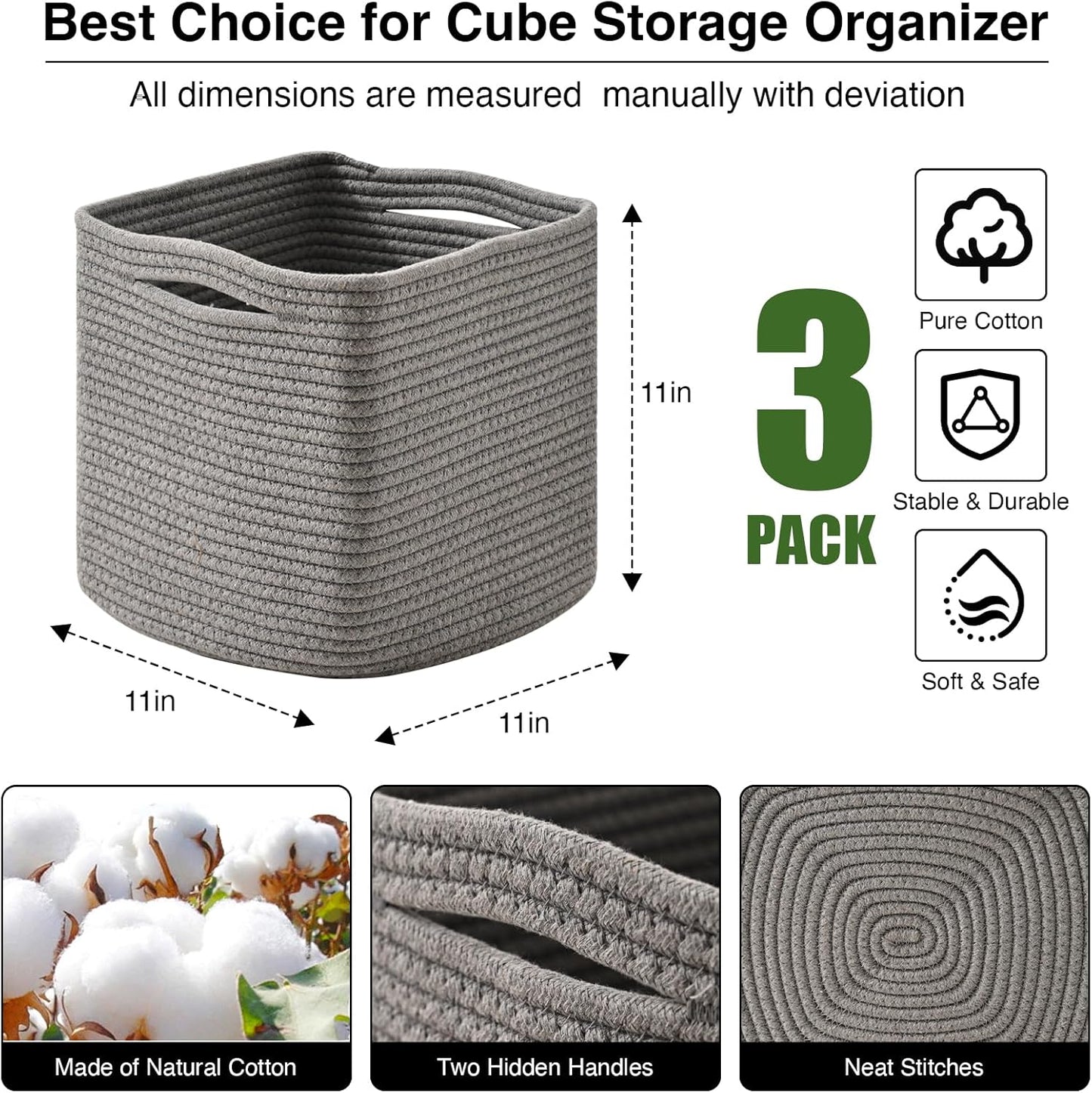 11 Inch Cube Storage Bins, Storage Cube Organizer Bins, Woven Cotton Rope Basket for Storage