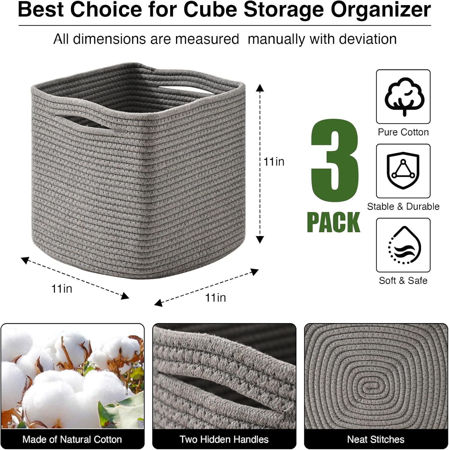 11 Inch Cube Storage Bins, Storage Cube Organizer Bins, Woven Cotton Rope Basket for Storage