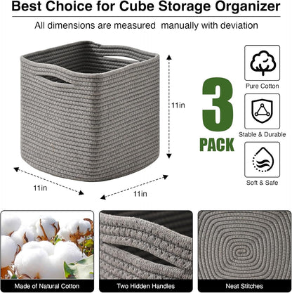 11 Inch Cube Storage Bins, Storage Cube Organizer Bins, Woven Cotton Rope Basket for Storage