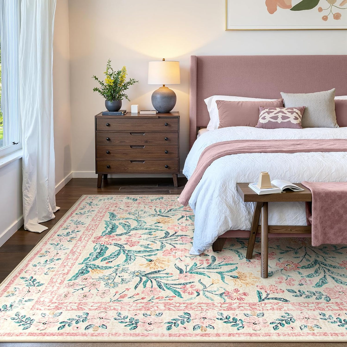 Wonnitar Floral Large Rugs for Living Room, Soft Light Pink Rug Washable 9x12 Carpet Non Slip, Boho