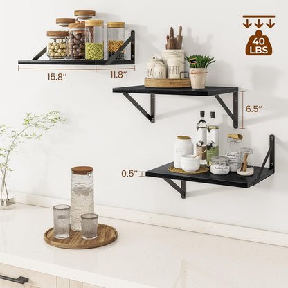 Heimlove Deep Floating Shelves for Wall, 12 Inch Deep Floating Shelves Set of 3, 16W x 12D Wood