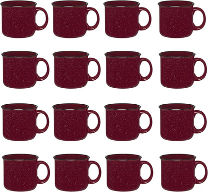 Set of 16 Ceramic Campfire Mugs – 15 Oz, Maroon – Coffee & Tea Cups for Home, Work, Travel, Camping