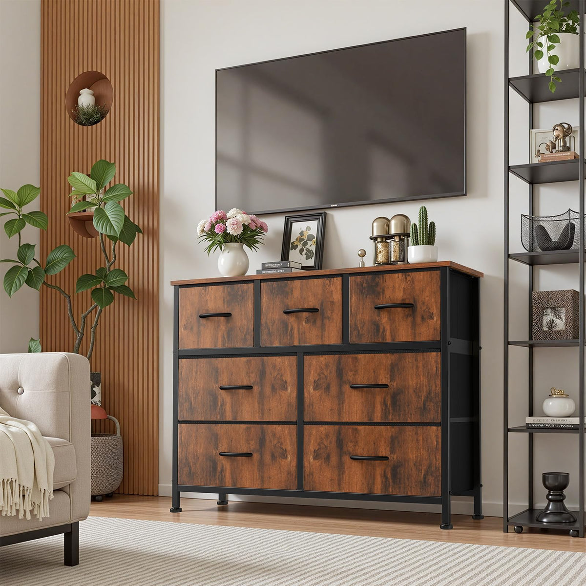 Sweetcrispy 7 Drawer Dresser for Bedroom Storage with Fabric Bins, Brown