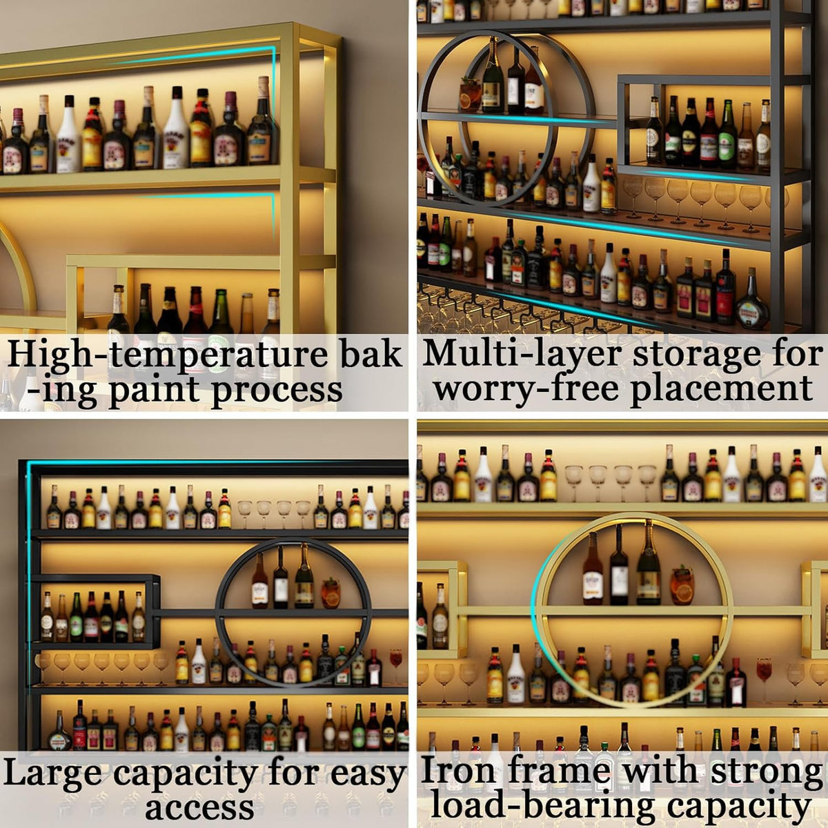 47.2in Wall Mounted Wine Rack, Modern Metal Wine Bottle and Glass Holder, Iron Display Stand