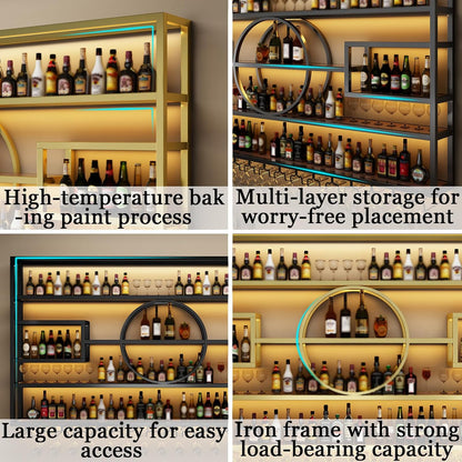 47.2in Wall Mounted Wine Rack, Modern Metal Wine Bottle and Glass Holder, Iron Display Stand