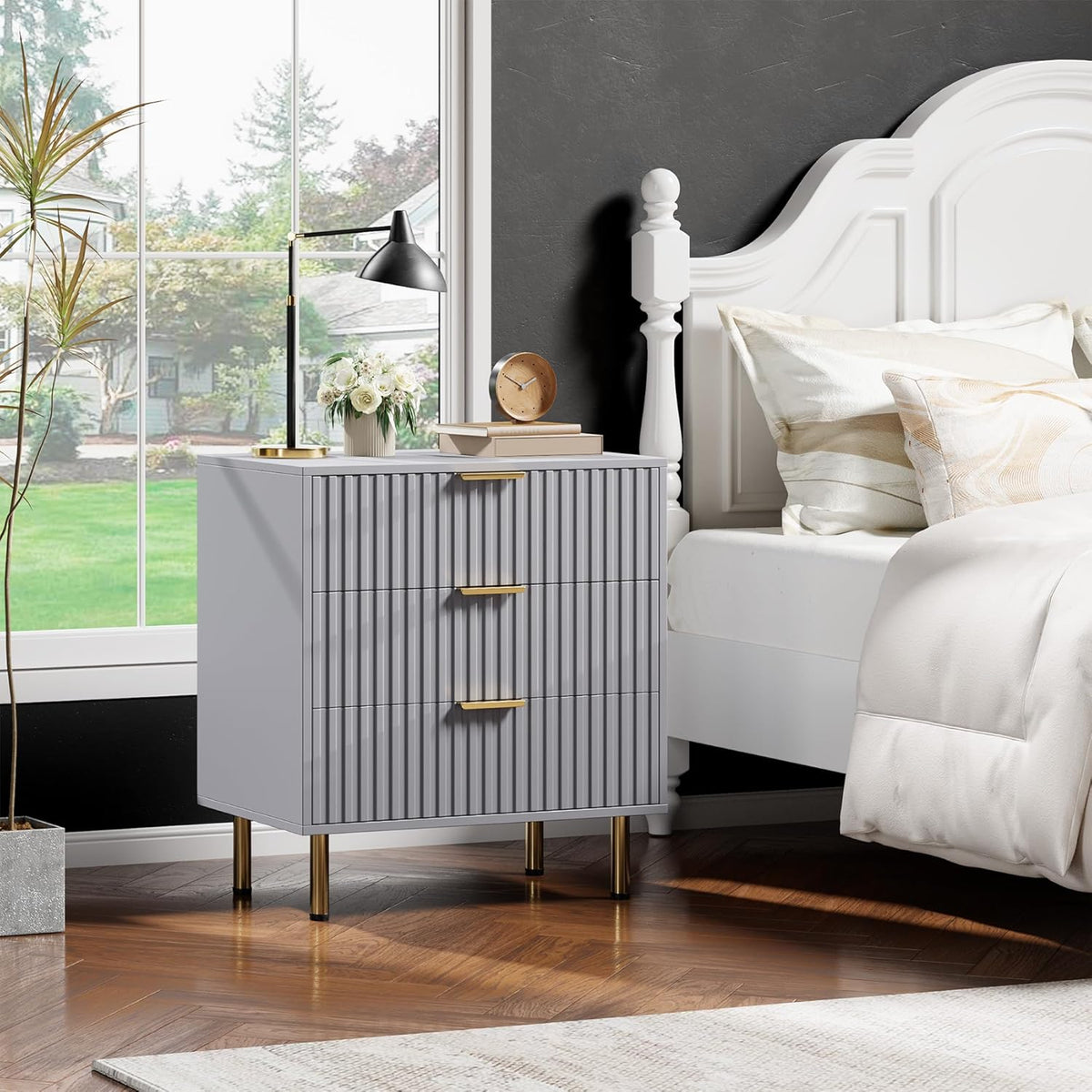 3 Drawer Dresser for Bedroom, Fluted Modern Nightstand with Deep Drawers, Chest of Drawers with