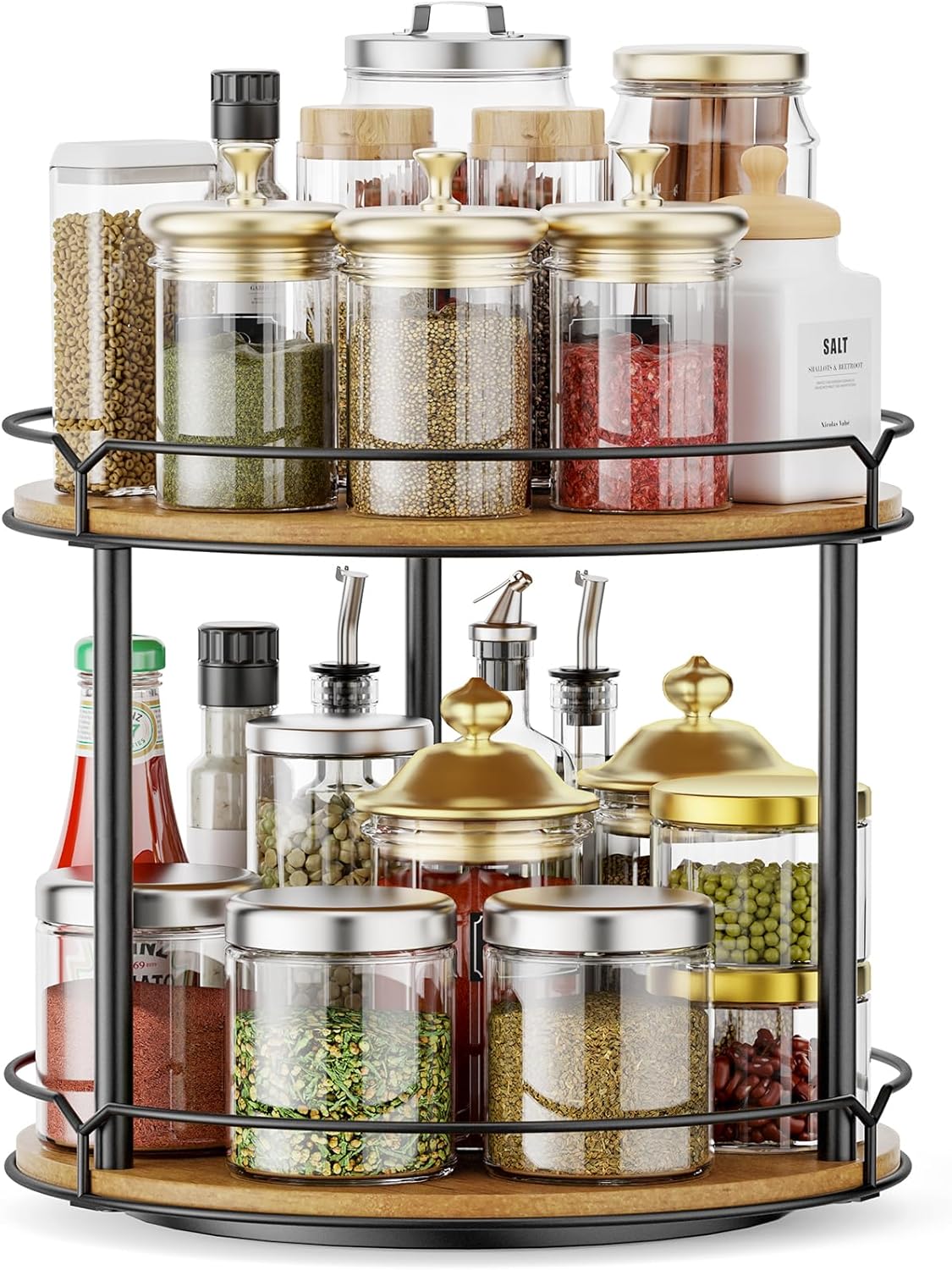 12.4" Lazy Susan Organizer 2 Tier - Rotating Spice Rack, Wooden Spinning Spice Holder for Inside
