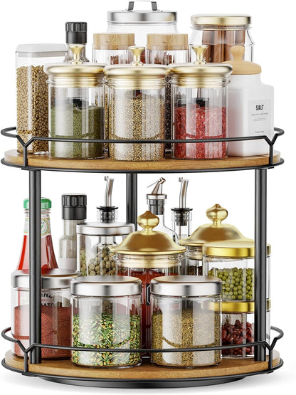 12.4" Lazy Susan Organizer 2 Tier - Rotating Spice Rack, Wooden Spinning Spice Holder for Inside