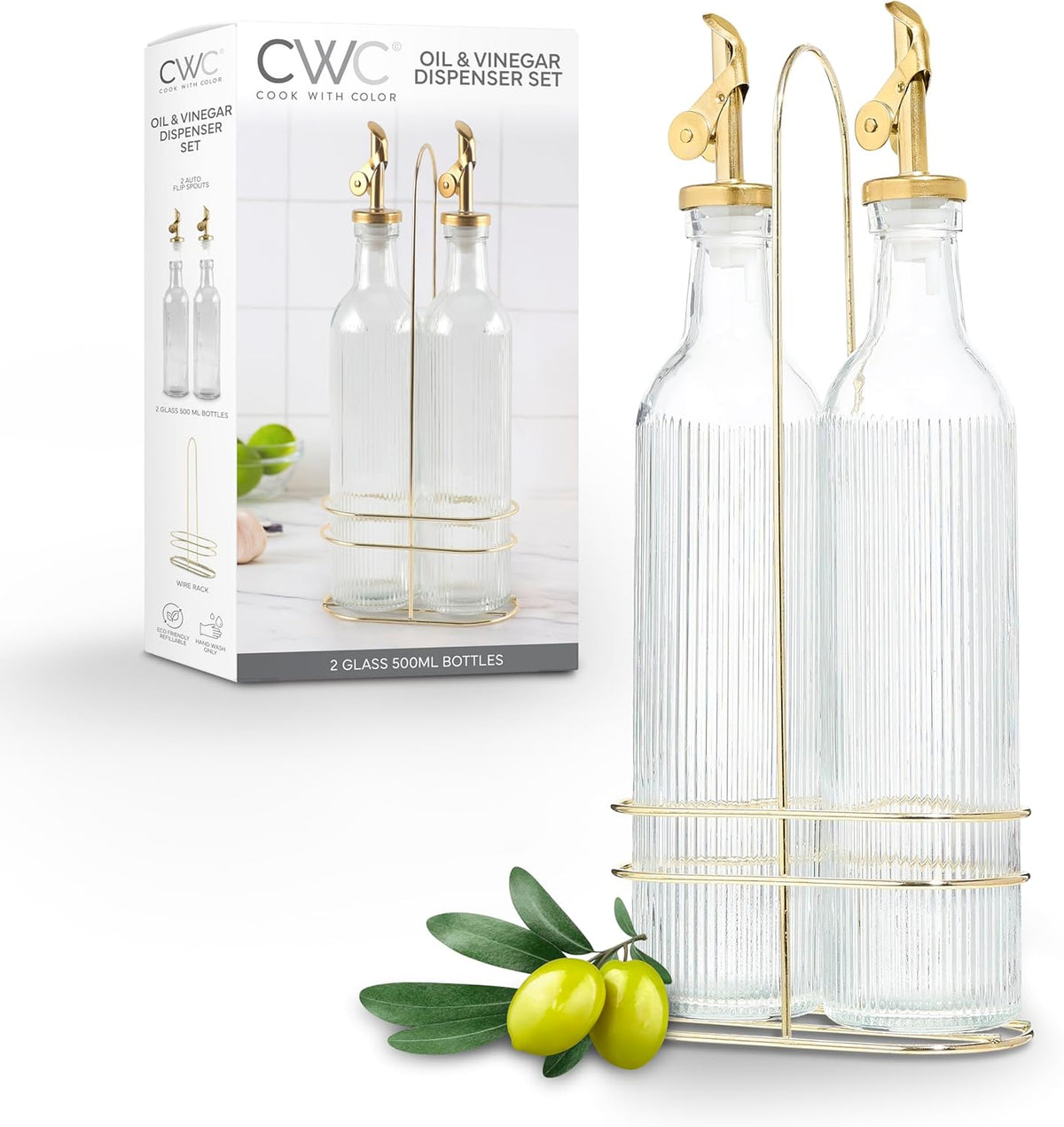 COOK WITH COLOR Glass Olive Oil Dispenser Bottle - 2 Pack, 17 oz Cruet - Elegant Carafe Decanter