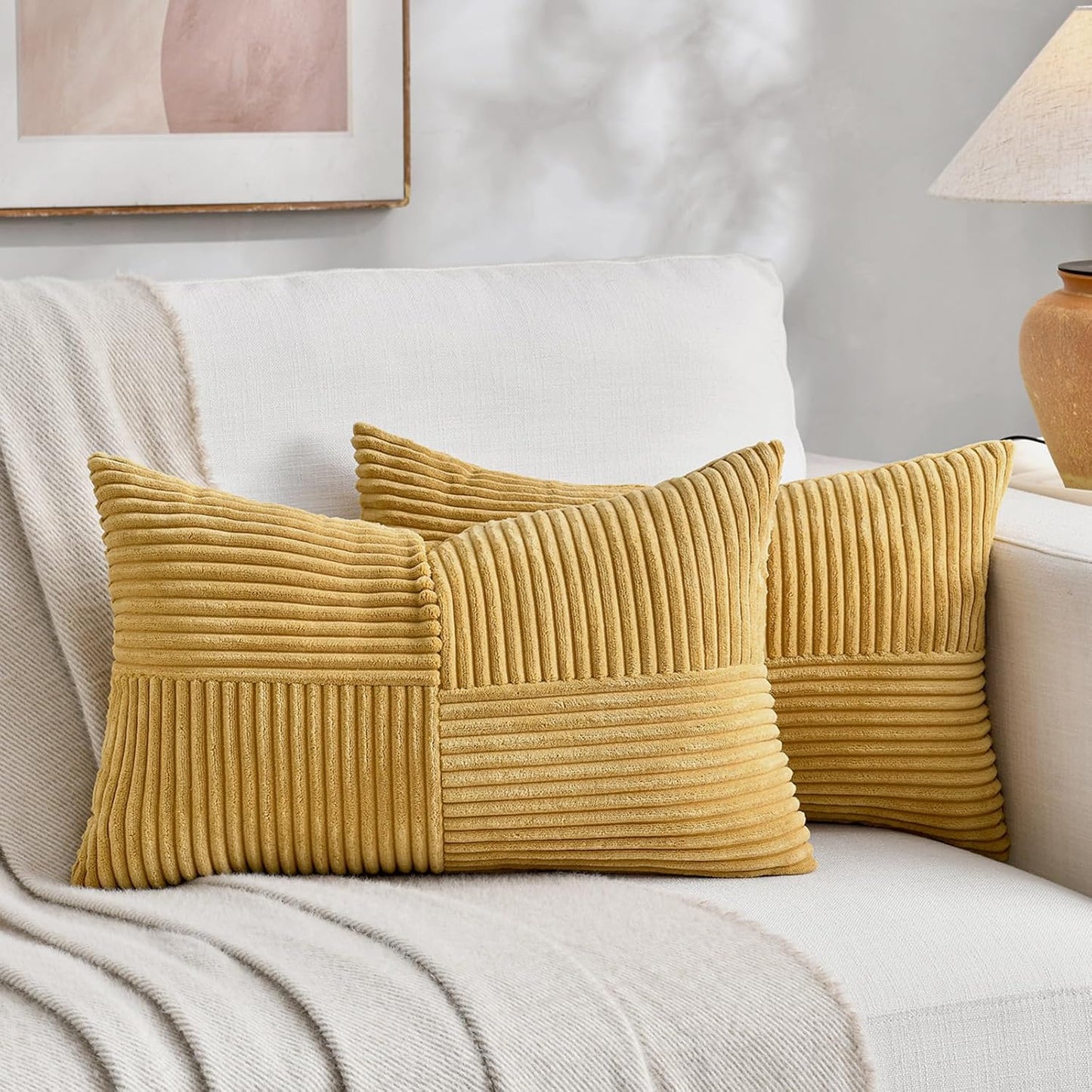 Fancy Homi 2 Packs Mustard Yellow Long Lumbar Decorative Throw Pillow Covers 12x24 Inch for Couch