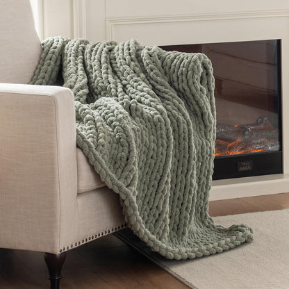 Chunky Knit Blanket Throw, 100% Hand Knit Throw Blanket Handmade Chenille Cable Knit Throw for