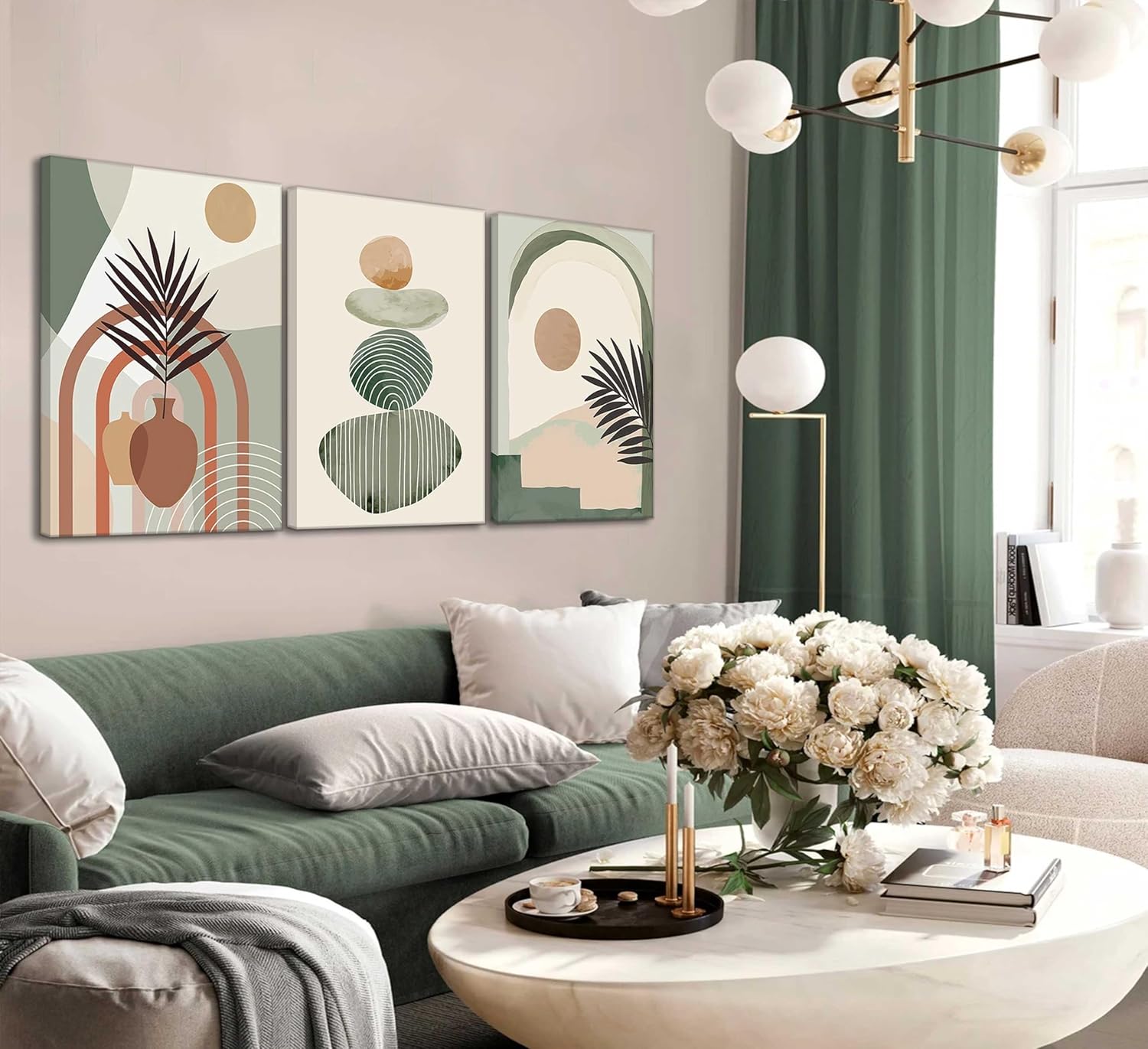 3 Pcs Mid Century Modern Boho Abstract Canvas Wall Art Neutral Green Bohemia Sun and Plant Pictures