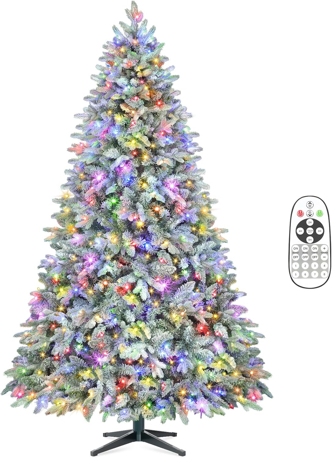 9FT Rotating Christmas Tree with Remote, Pre-Lit Artificial Green PE & PVC Xmas Tree, Multicolor